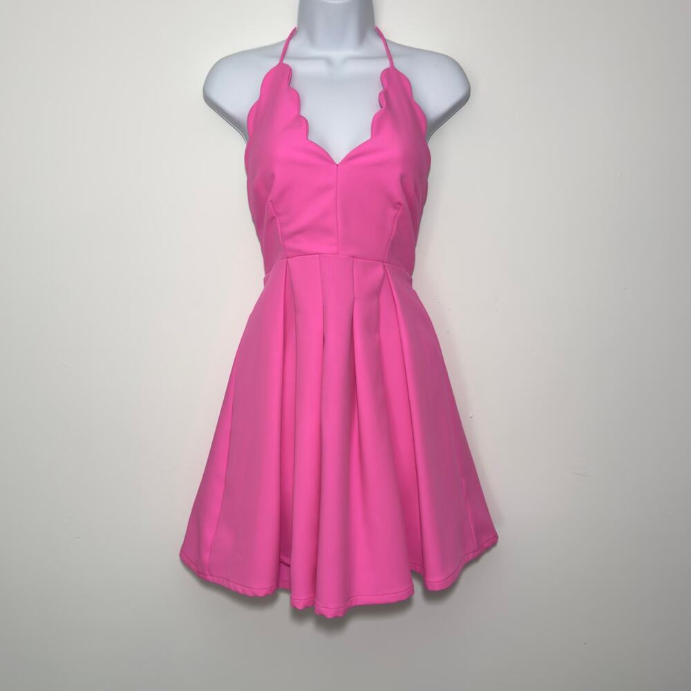 HOT & DELICIOUS BubbleGum Pink Flirty Scalloped Neckline Halter Dress S Small